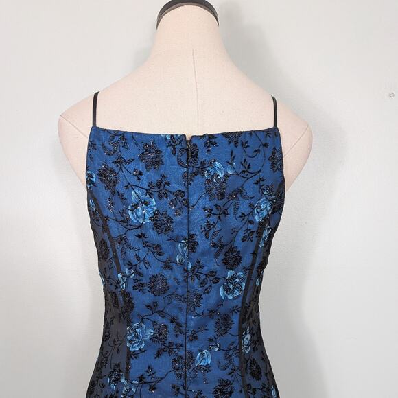 Vintage Morgan Co Prom Dress Maxi Gown 10 Blue Black Goth 90S Y2K Floral Glam - Picture 7 of 11